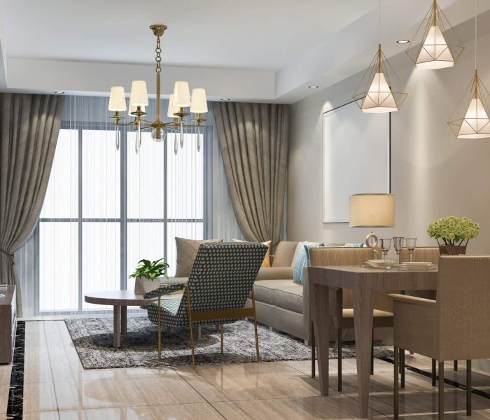 3d rendering loft luxury living room with shelf near dining table